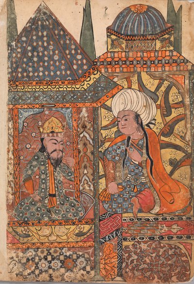 Burzuyeh blir tilkalt av Nushirvan ved hjemkomsten fra India, Folio fra en Kalila..., 1700-tallet. av Unbekannt