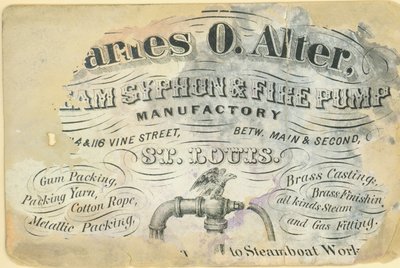 Visittkort til James O. Alter, dampsifon og brannpumpefabrik, St. Louis, ca. 1870 av Unbekannt