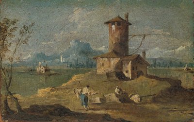 Capriccio med en øy, et tårn og hus, 1700-tallet. av Unbekannt
