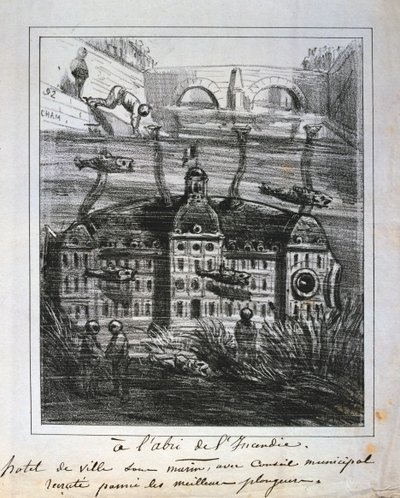 Tegneserieforslag om å gjenoppbygge Hotel de Ville under vann for å forhindre brann, Paris Commune, 1871. av Unbekannt