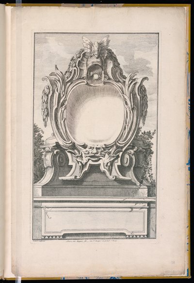 Cartouche dekorert med en hjelm og en maske av Unbekannt