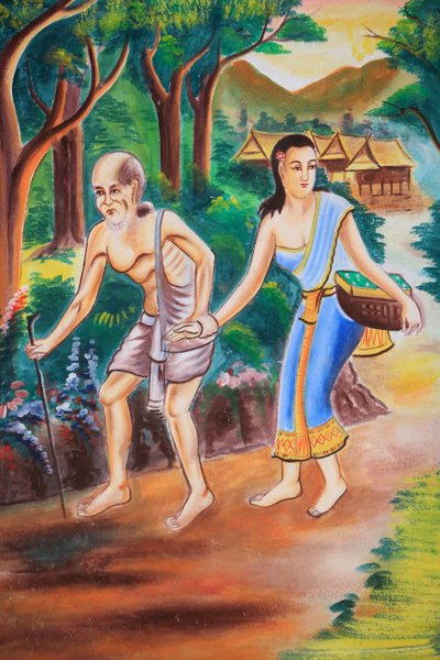 Takkunst som viser Buddhas liv. Wat Si Sou Mang Karam-tempelet. Vieng Vang. Laos, 20151102, Vieng Vang, Laos av Unbekannt