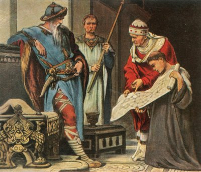 Charlemagne får vist planene for Palatinerkapellet i Aachen, 1936. av Unbekannt
