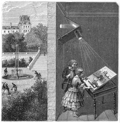 Barn som ser på en utendørsscene gjennom en camera obscura, 1887 av Unbekannt