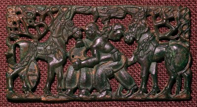 Kinesisk sele-plakett i bronse av brytemenn, 500-tallet f.Kr av Unbekannt
