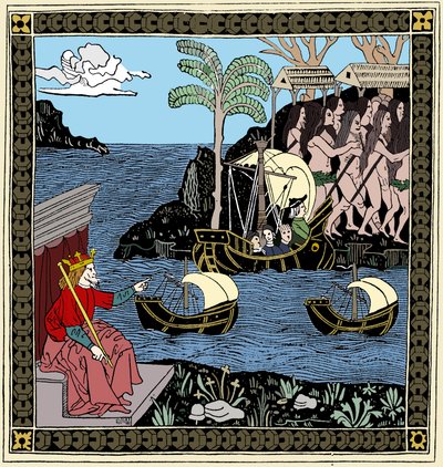Christopher Columbus Discovering America, tresnitt, 1493 av Unbekannt