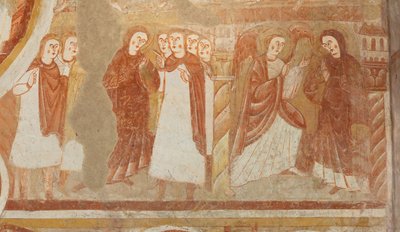 Kirke (Église Saint-Martin). Interiør. Veggmalerier (fresco). Skipets vestvegg. Detalj. Anklage og kunngjøring av jomfruen. 1100-tallet. av Unbekannt