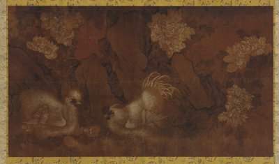 Hane, høne og kyllinger nær peonbusker, Qing-dynastiet, 1700-tallet. av Unbekannt