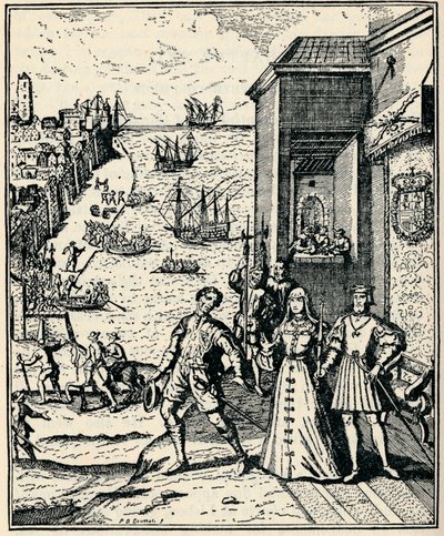 Columbus med Ferdinand og Isabella, 3. august 1492, 1912 av Unbekannt