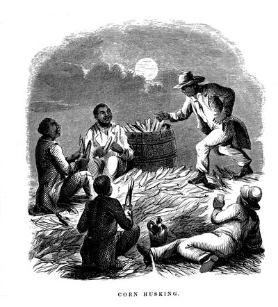 Corn Husking, svarte arbeidere som skreller mais, sørlige USA, c1850 av Unbekannt