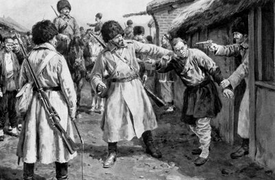 Kosakker søker etter japanske spioner i en manchurisk landsby, russisk-japanske krigen, 1904-5 av Unbekannt