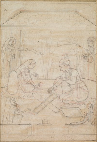 Par som spiller Chaupar på en terrasse, ca. 1790-1800. av Unbekannt