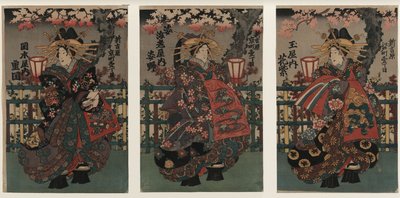 Kurtisanene Shigeoka, Sugatano og Hanamurasaki. Triptykon. Fra serien The Beauties of the Yoshiw av Unbekannt