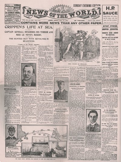 Crippens Life at Sea, forsiden av News of the World, 31. juli 1910. av Unbekannt