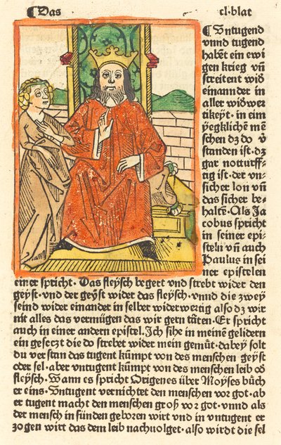 Kronet mann på en trone med jomfruen stående til venstre, ca. 1479. av Unbekannt