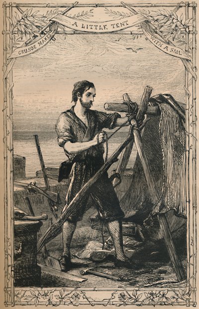 Crusoe lager et lite telt med et seil, c1870 av Unbekannt