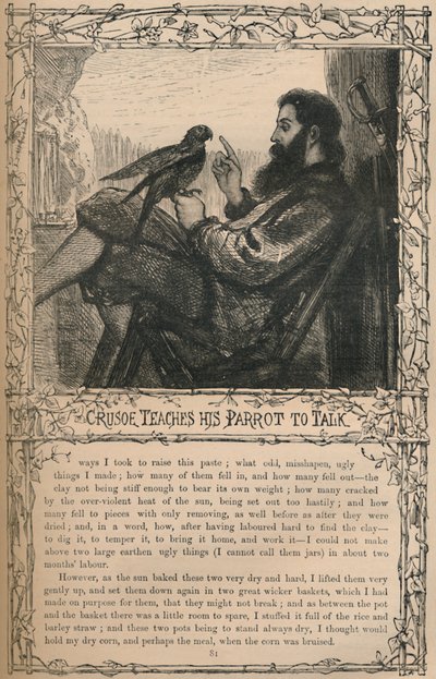 Crusoe lærer papegøyen sin å snakke, c1870 av Unbekannt