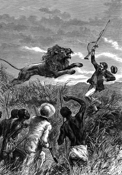 David Livingstone , skotsk misjonær og afrikansk oppdagelsesreisende, anklaget av en løve, c1860 av Unbekannt