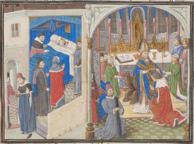 Døden til Amalric I av Jerusalem. Kroningen av Baldwin IV. Miniatyr fra Historia av William av Tyrus, 1460-tallet av Unbekannt