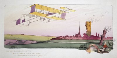 Begynnelsen av luftfart: Maurice Farman (1878-1964) i sin biplan utstyrt med en Renault-motor under løpet "Voyage de Bac a Chartres", ca. 1910 av Unbekannt