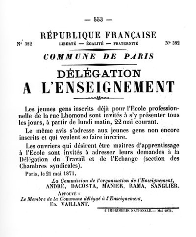 Delegasjon en Lenseignement, fra franske politiske plakater fra Paris-kommunen, mai 1871 av Unbekannt