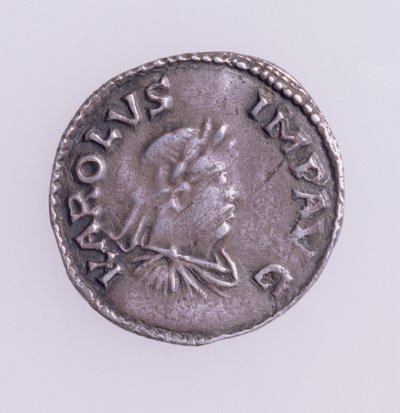 Denier of Charlemagne (742-814) forside som viser et portrett av Charlemagne, Quentovic Mint 768-814 (sølv) (for bakside se: 110164) av Unbekannt