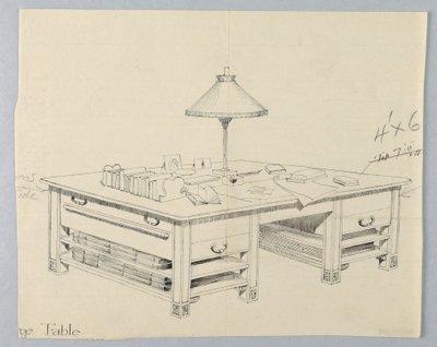 Design for massivt biblioteklagerbord med to åpne bårehyller på hver side, 1900–05 av Unbekannt