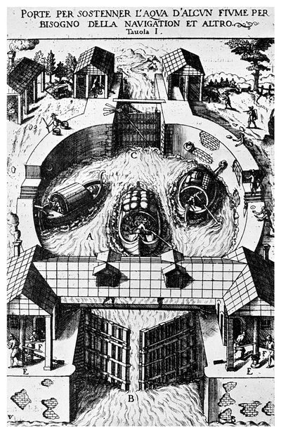 Design for hengslede kanallåsporter av Leonardo da Vinci, 1400-tallet 1956 av Unbekannt