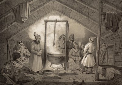 Det indre af en bondehytte i Finmarken. Illustrasjon hentet fra boken Norge fremstillet i Tegninger av Asbjørnsen, P.Chr. og utgitt av Chr. Tønsberg (no, 1848) Søndagskledte samer i ei årestue. «Træhytter (...) forekomme kun undtagelsesvis, hos Sölapperne av Unbekannt