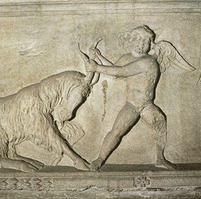 Detalj fra en gresk sarkofag fra Lydia, som viser en putto som bryter med en geit (marmor) av Unbekannt