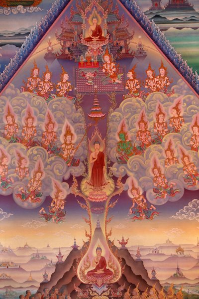 Detalj av et veggmaleri i Uposatha (helligdomshallen) i Buddhapadipa-tempelet, Wimbledon, Grande-Bretagne av Unbekannt