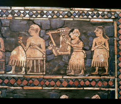 Detalj av standarden til Ur som viser en sumerisk harpist og en linjal, ca 2600-2400 f.Kr. av Unbekannt