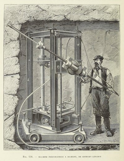 Diamond Drilling Machine designet av Georges Leschot, pub. 1883 gravering, 1883. av Unbekannt