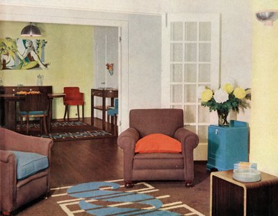 Spisestue og salong i en rekonstruert London-leilighet for Mrs. Harry Ewbank ved Bryanston Court av Unbekannt