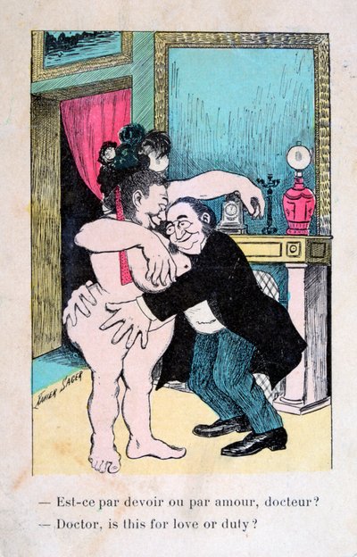 Doktor, er dette for kjærlighet eller plikt, vintage fransk postkort, c1900 av Unbekannt