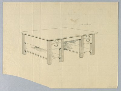Tegning, design for massivt bibliotekbord med firkantede ben og åpne bårehyller av Unbekannt