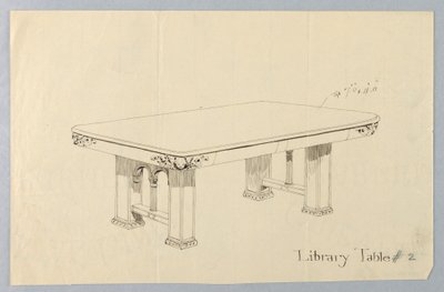 Tegning, design for rektangulært bibliotekbord nr. 2 med Putti -ansikter skåret på hvert av avrundede hjørner av Unbekannt