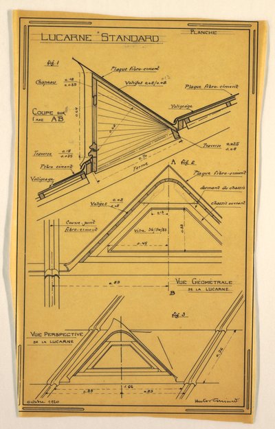 Tegning, design for et massedriftshus designet av Hector Guimard, Skylight Construction, oktober 1920 av Unbekannt