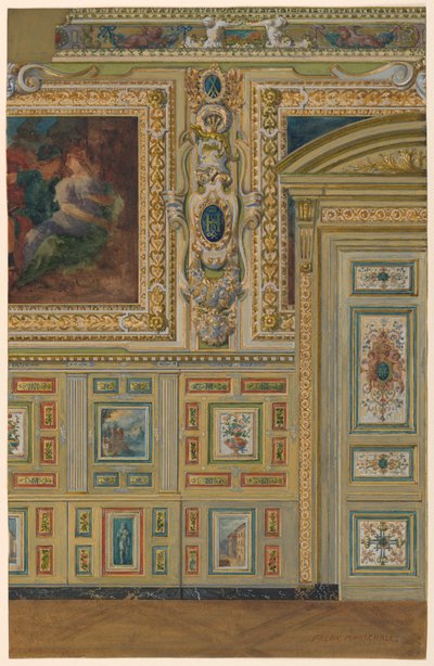 Tegning, Utsnitt av en vegg som viser grupper av malte paneler, Oval Chamber, Salon Louis XIV, Palace of Fontainebleau, Frankrike av Unbekannt