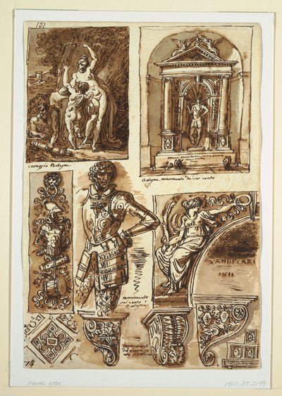 Tegning, Studieark etter Bolognese-monumenter, 1811–14 av Unbekannt