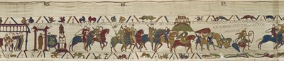Hertug William leder hæren sin til Bretagne hvor Harold modig gjenoppretter soldater fra kvikksanden, Bayeux-teppet (ullbroderi på lin) av Unbekannt