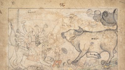 Durga konfronterer Buffalo Demon Mahisha: Scene fra Devi Mahatmya, Ka. 1780. av Unbekannt