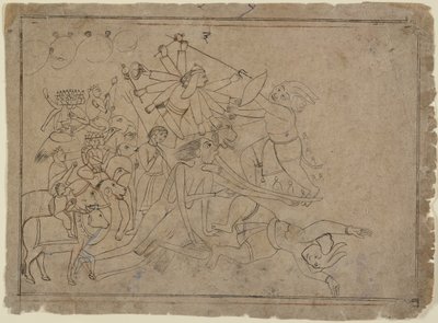 Durga, Kali og matrikane kjemper mot demonen Raktabija: scene fra Devi Mahatmya, Ka. 1780. av Unbekannt