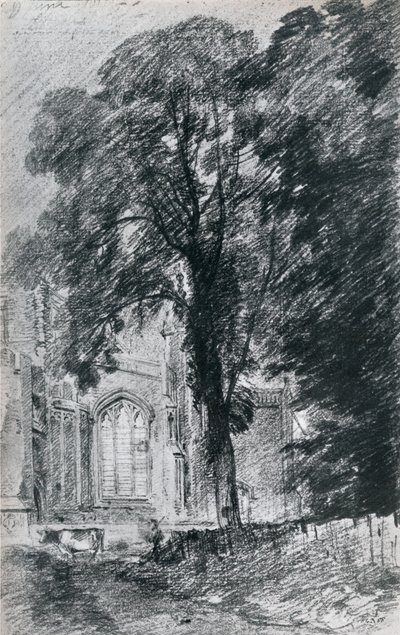 Østre Bergholt kirke: en del av vestenden sett bortenfor en gruppe almer, 1812, 1925 av Unbekannt
