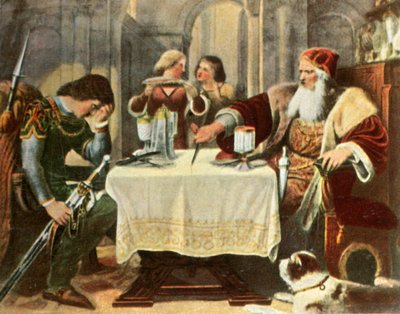 Eberhard skjærer i halve duken mellom seg og sønnen Ulrich, 1377, 1936. av Unbekannt