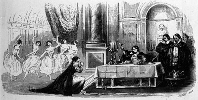 Elvira ber Don Giovanni om å endre sine måter, scene fra "Don Giovanni", av Wolfgang Amadeus Mozart (gravering) av Unbekannt