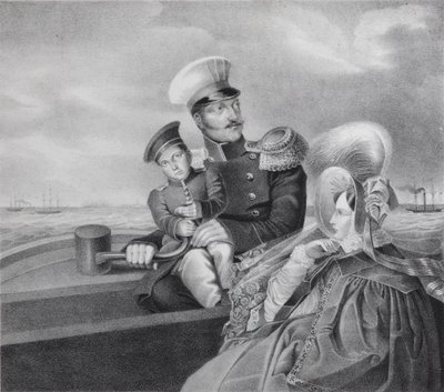Keiser Nicholas I og keiserinne Alexandra Fyodorovna med sønnen Konstantin Nikolaevich på en båttur, av Unbekannt