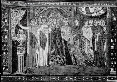 Keiserinne Theodora og medlemmer av hoffet hennes, bysantinsk, original fra det 20. århundre datert 600-tallet. av Unbekannt