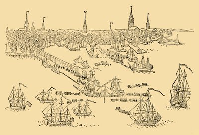 Engelske krigsskip i Boston hvor tefesten fant sted i 1768, c1930. av Unbekannt