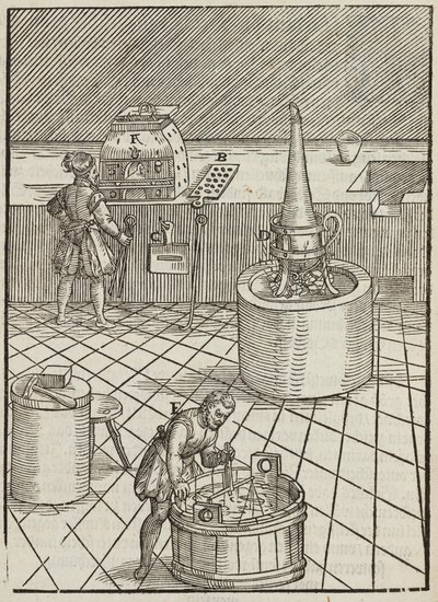 Gull- og sølvmalmutstyr og -analyse - gravering fra beskrivelse av malmer og hovedmetoder for gruvedrift, av Lazarus Ecker av Unbekannt